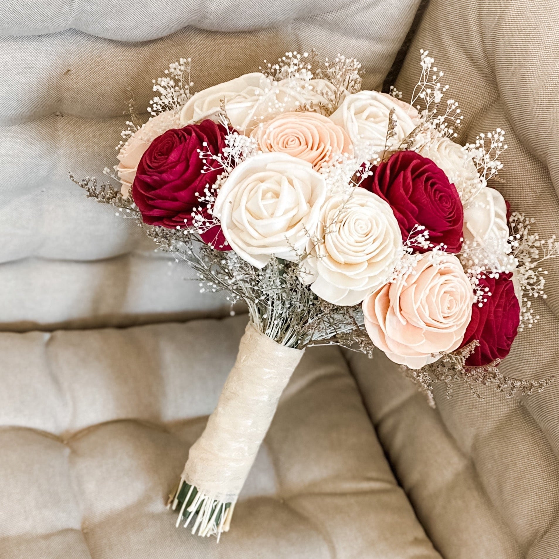 Romantic Rhapsody, Bridal Bouquet with Burgundy, Blush and Ivory Roses –  Papiro