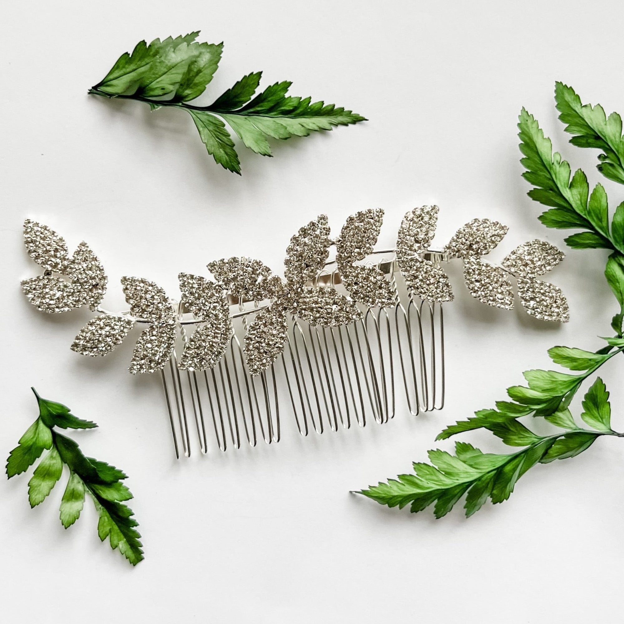 Bride Silver Rhinestone Leaves Hair Comb - Papiro