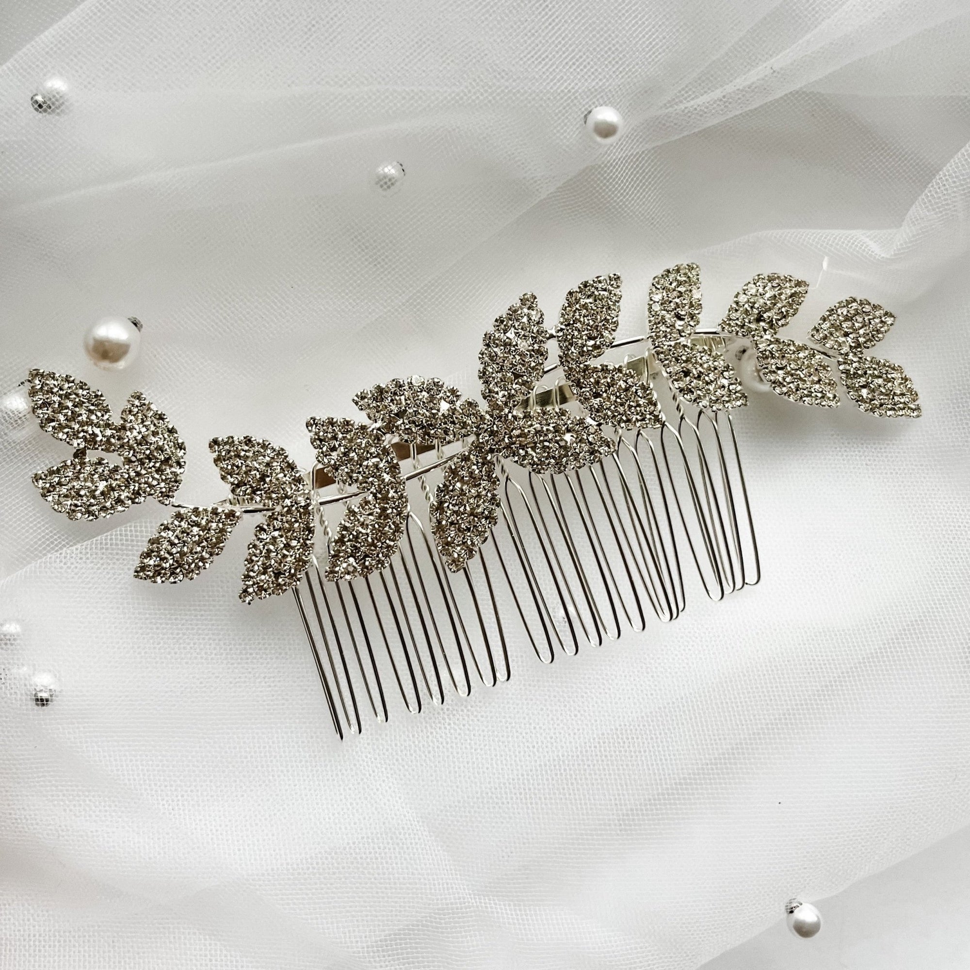 Bride Silver Rhinestone Leaves Hair Comb - Papiro